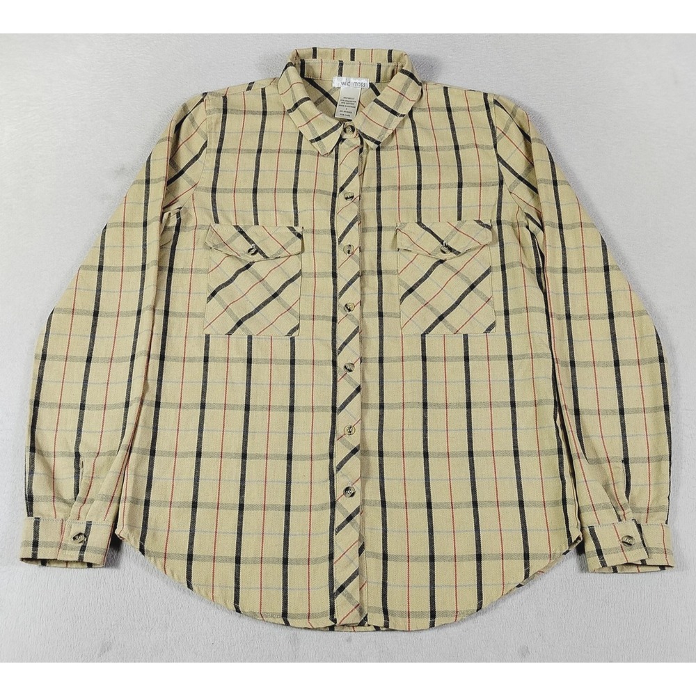 Wild Moss Shirt Womens Small Beige Plaid Long Sleeve Button Up Western Casual